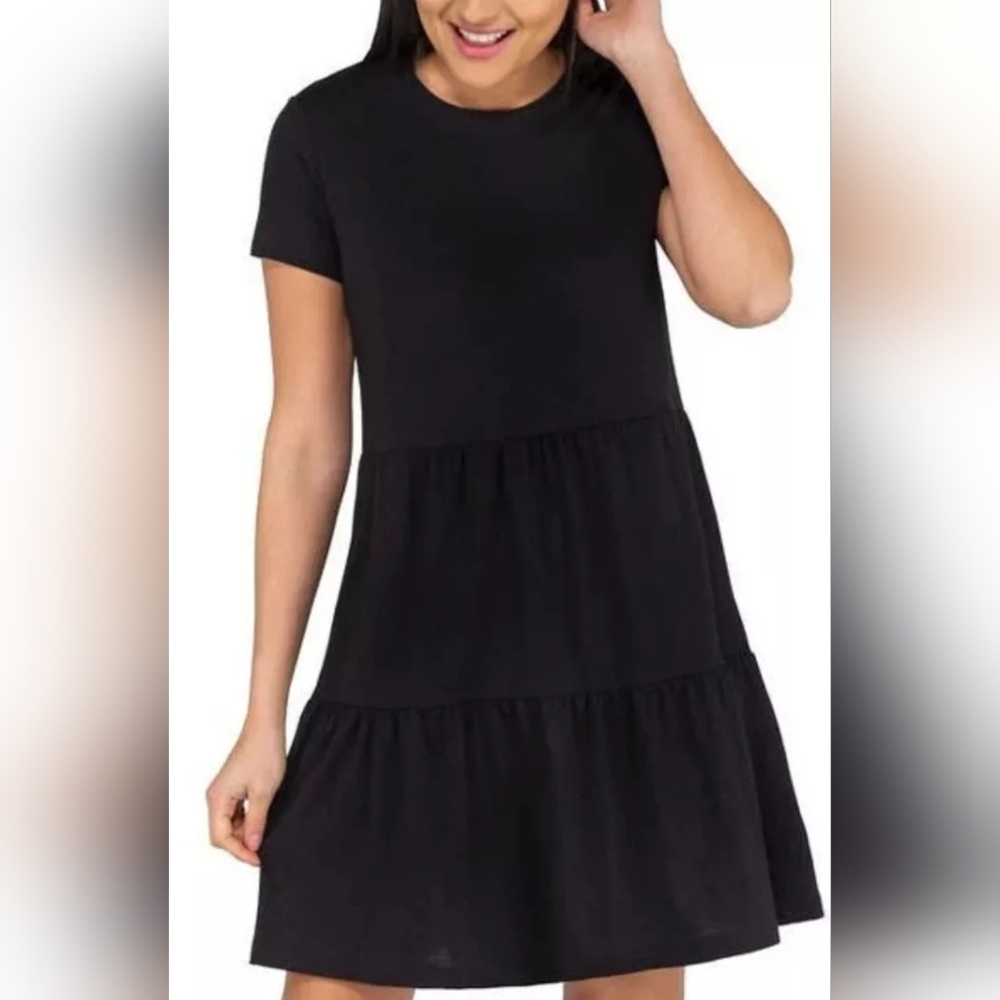 Nicole Miller Black Babydoll Mini Dress Short Sleeve Tiered Stretch Womens Large